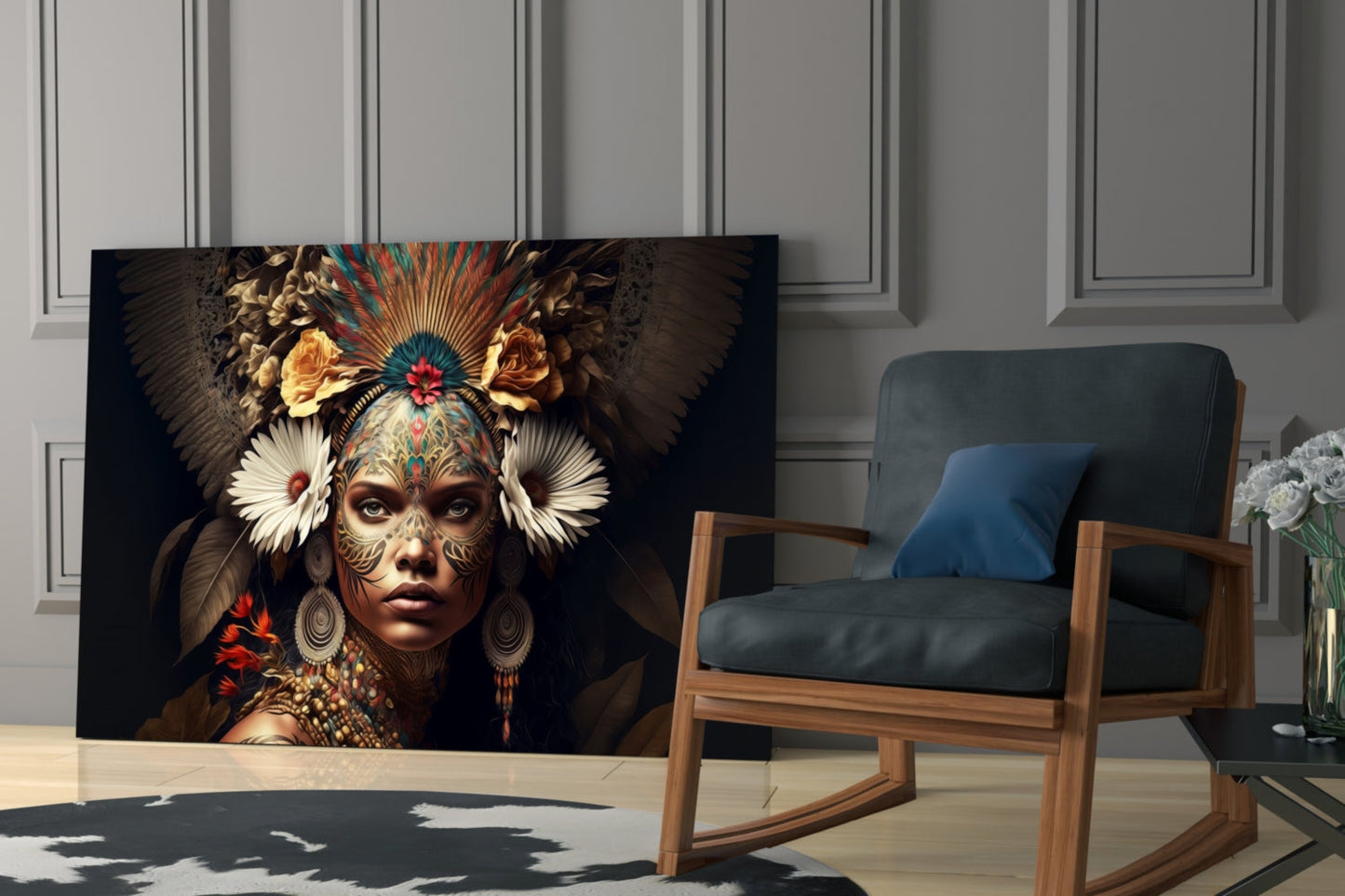 Glass wall art featuring ornate portrait of woman with feathered headdress, gold patterns, and colorful flowers displayed in modern interior.