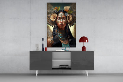 Turquoise Beaded Winged Flower Maiden Glass Wall Art