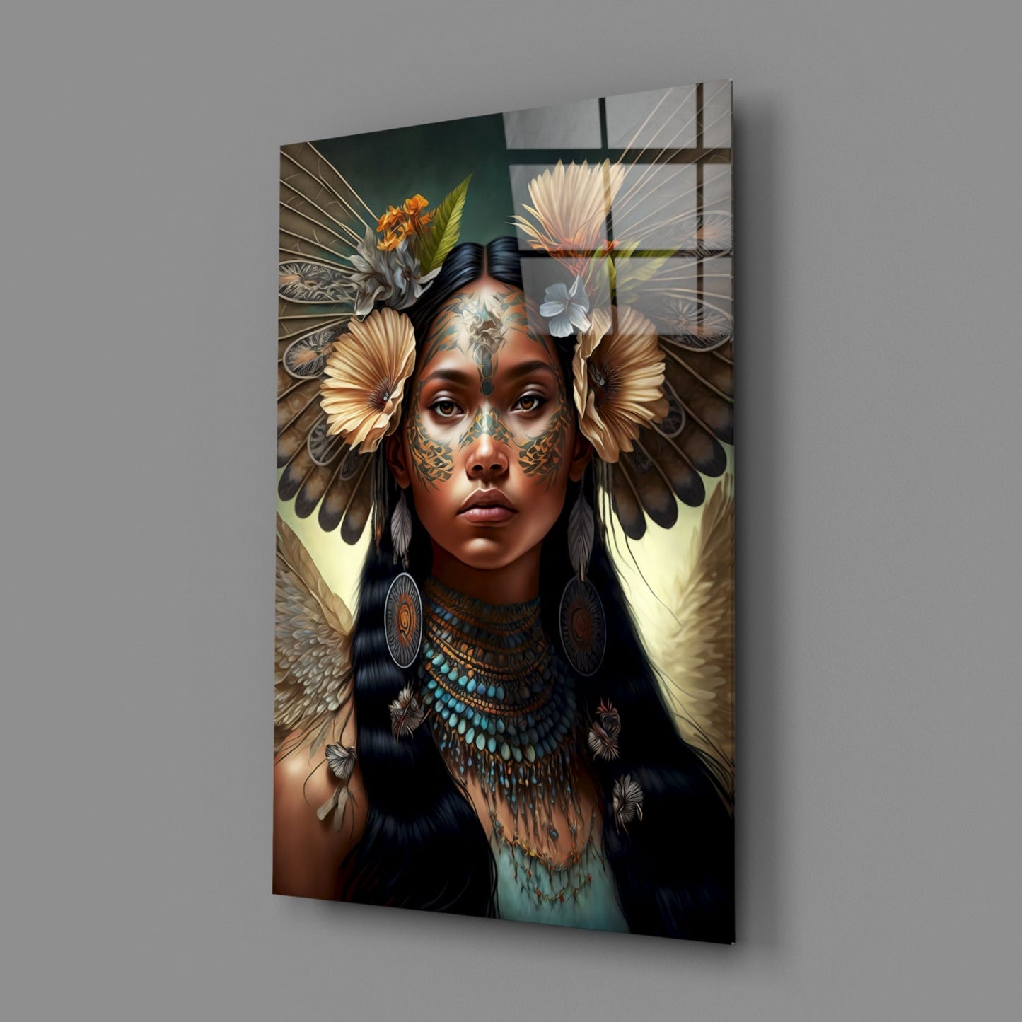 Turquoise Beaded Winged Flower Maiden Glass Wall Art