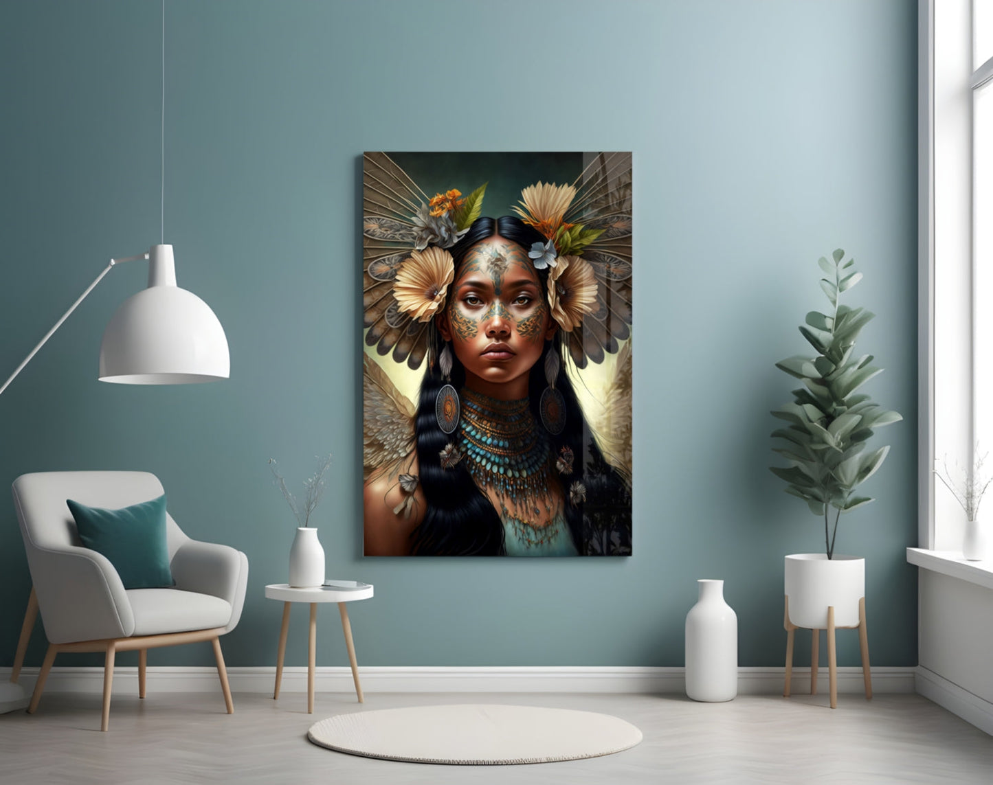 Turquoise Beaded Winged Flower Maiden Glass Wall Art