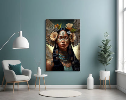 Turquoise Beaded Winged Flower Maiden Glass Wall Art