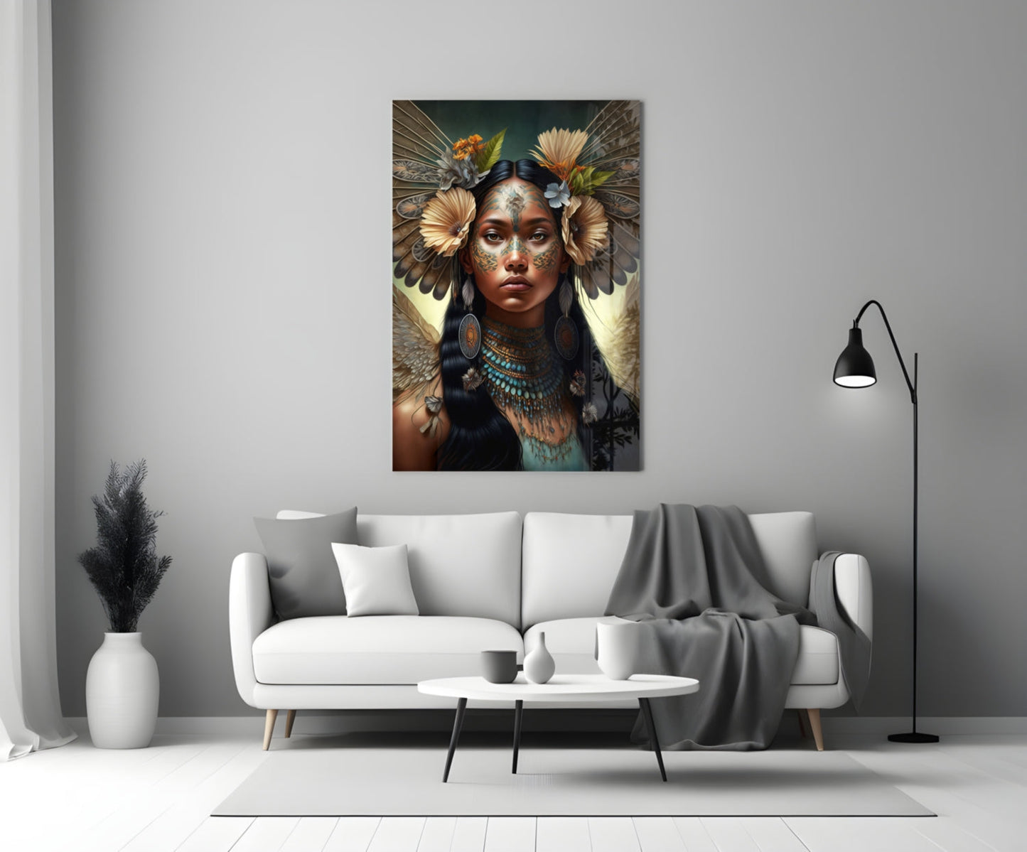 Turquoise Beaded Winged Flower Maiden Glass Wall Art