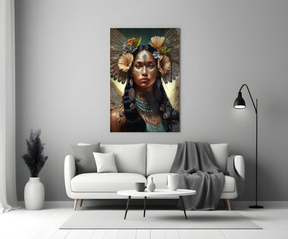 Turquoise Beaded Winged Flower Maiden Glass Wall Art