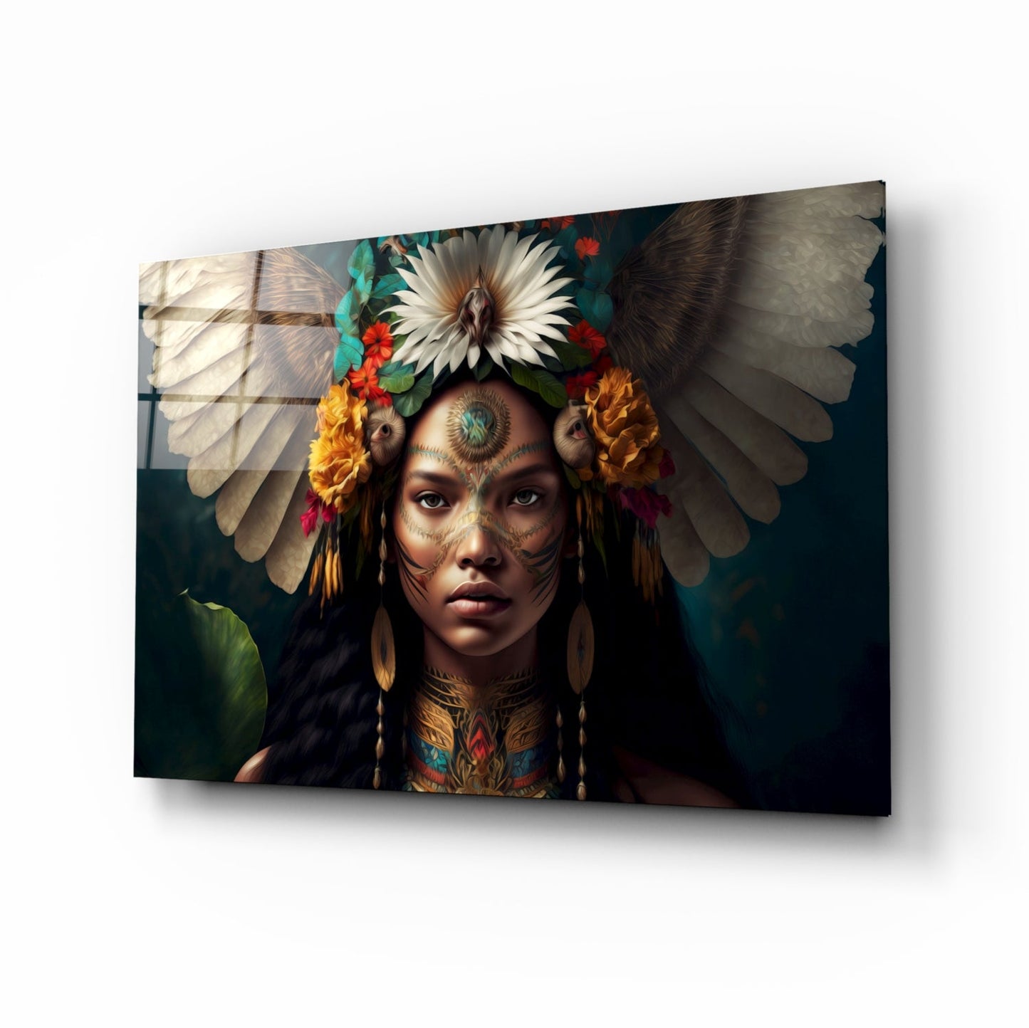 White Wings Daisy Crown Woman Glass Wall Art