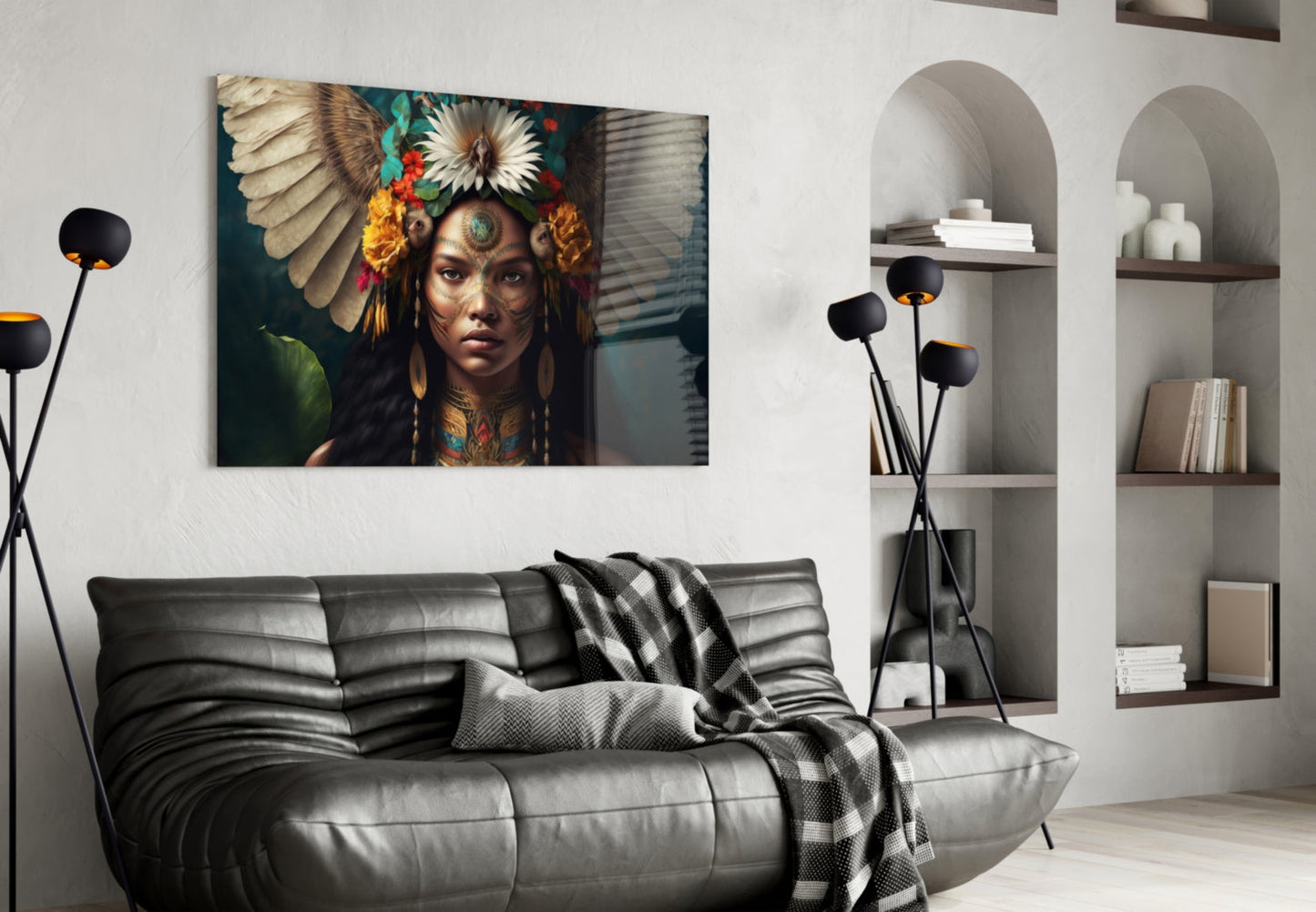 White Wings Daisy Crown Woman Glass Wall Art
