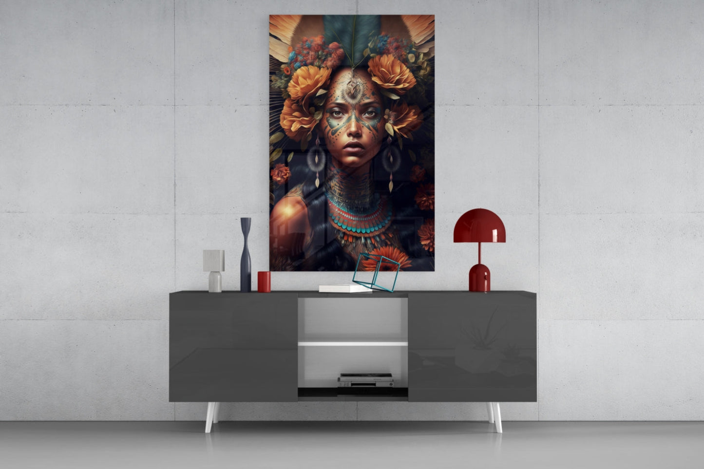 Orange Roses Green Feather Crown Woman Glass Wall Art