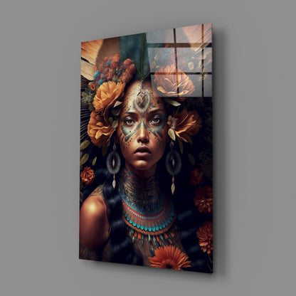 Orange Roses Green Feather Crown Woman Glass Wall Art
