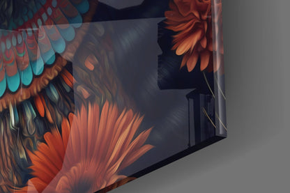 Orange Roses Green Feather Crown Woman Glass Wall Art