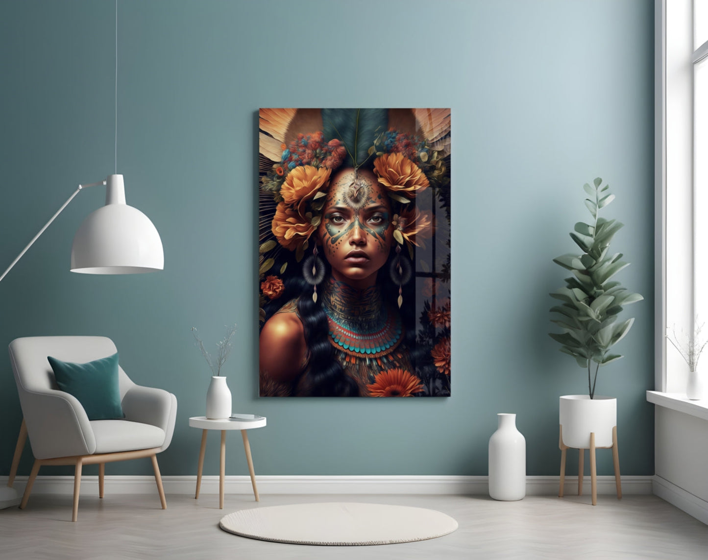 Orange Roses Green Feather Crown Woman Glass Wall Art