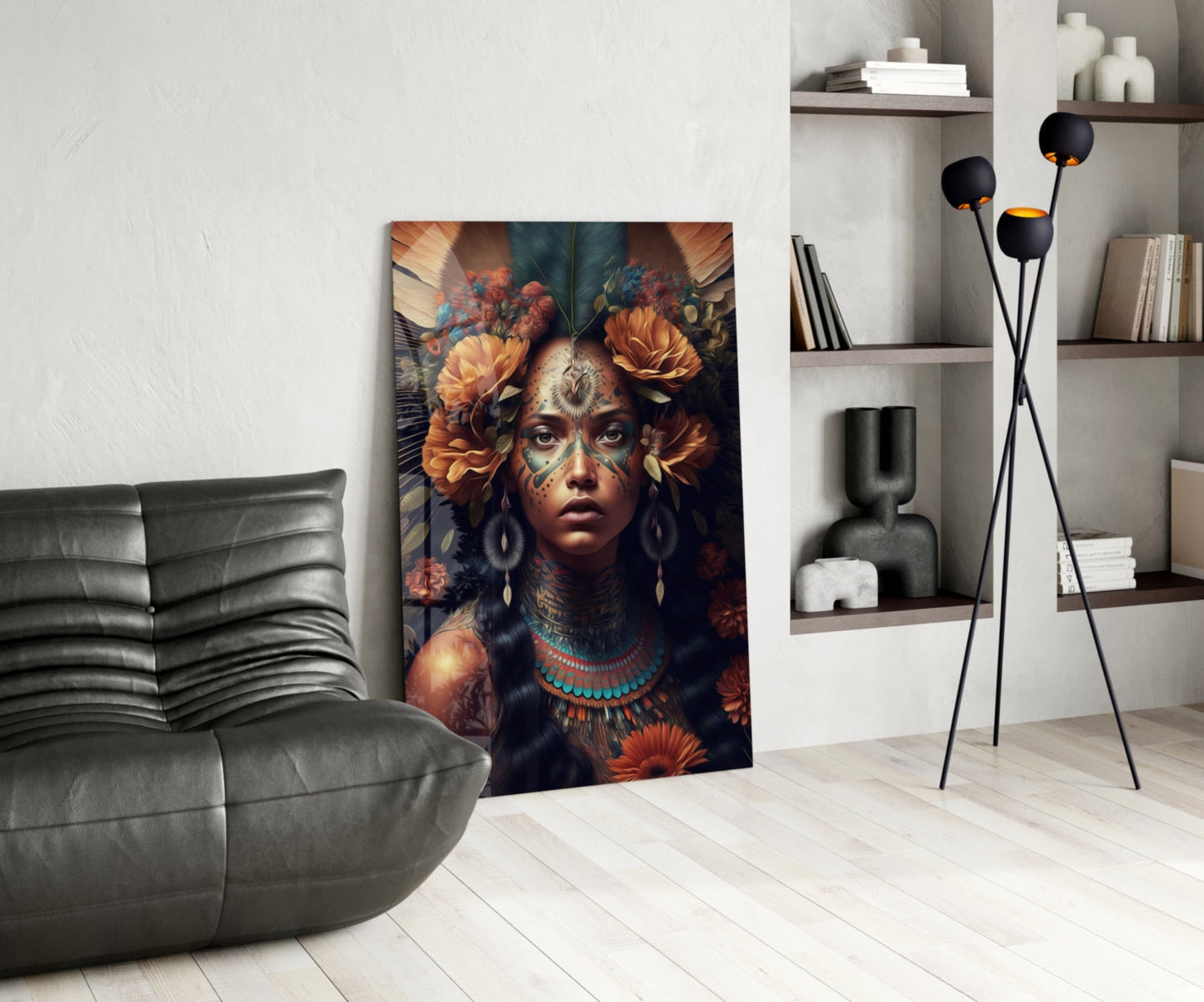 Orange Roses Green Feather Crown Woman Glass Wall Art