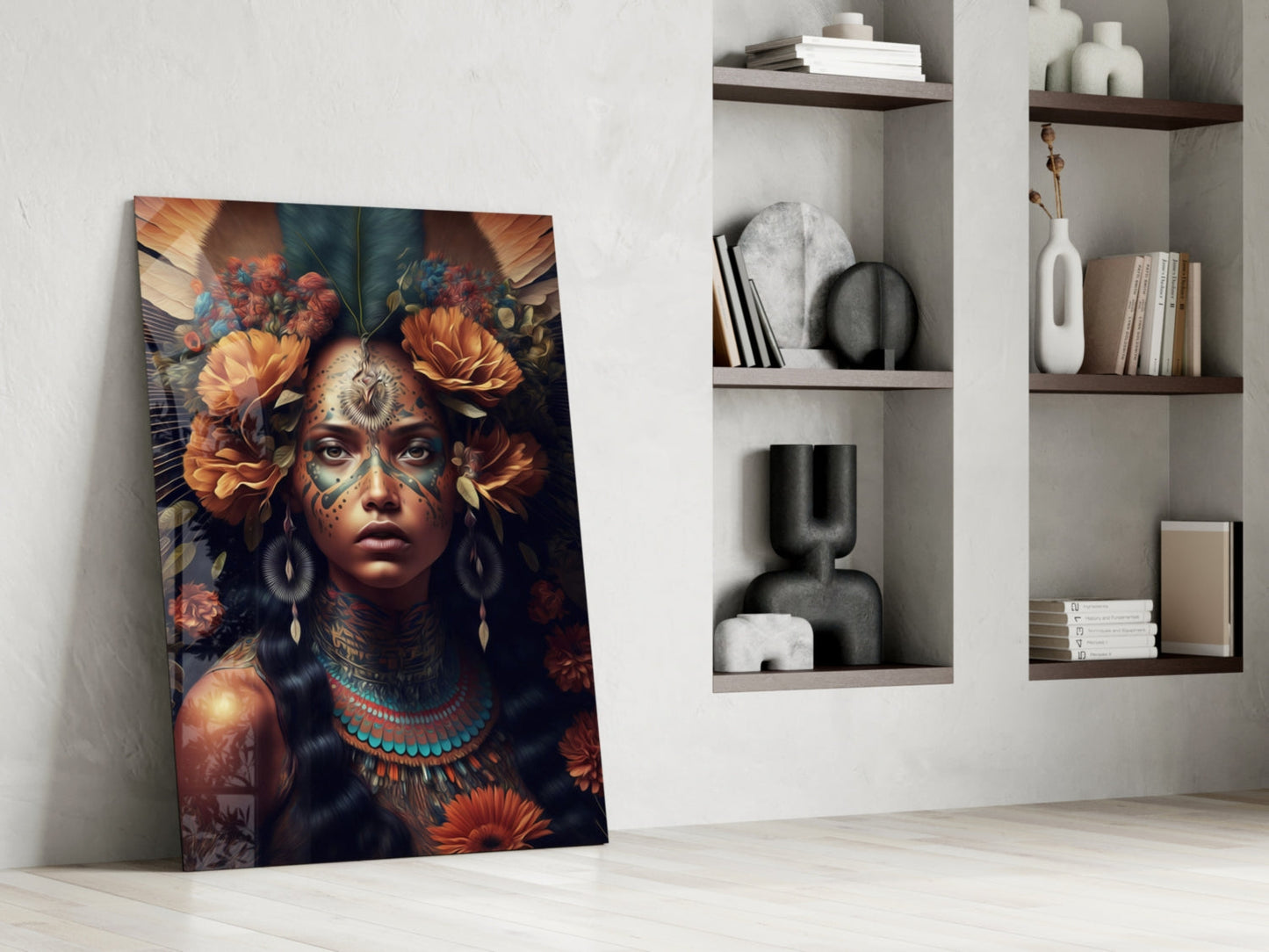 Orange Roses Green Feather Crown Woman Glass Wall Art