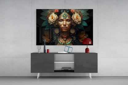 White Roses Gold Teal Headdress Woman Glass Wall Art