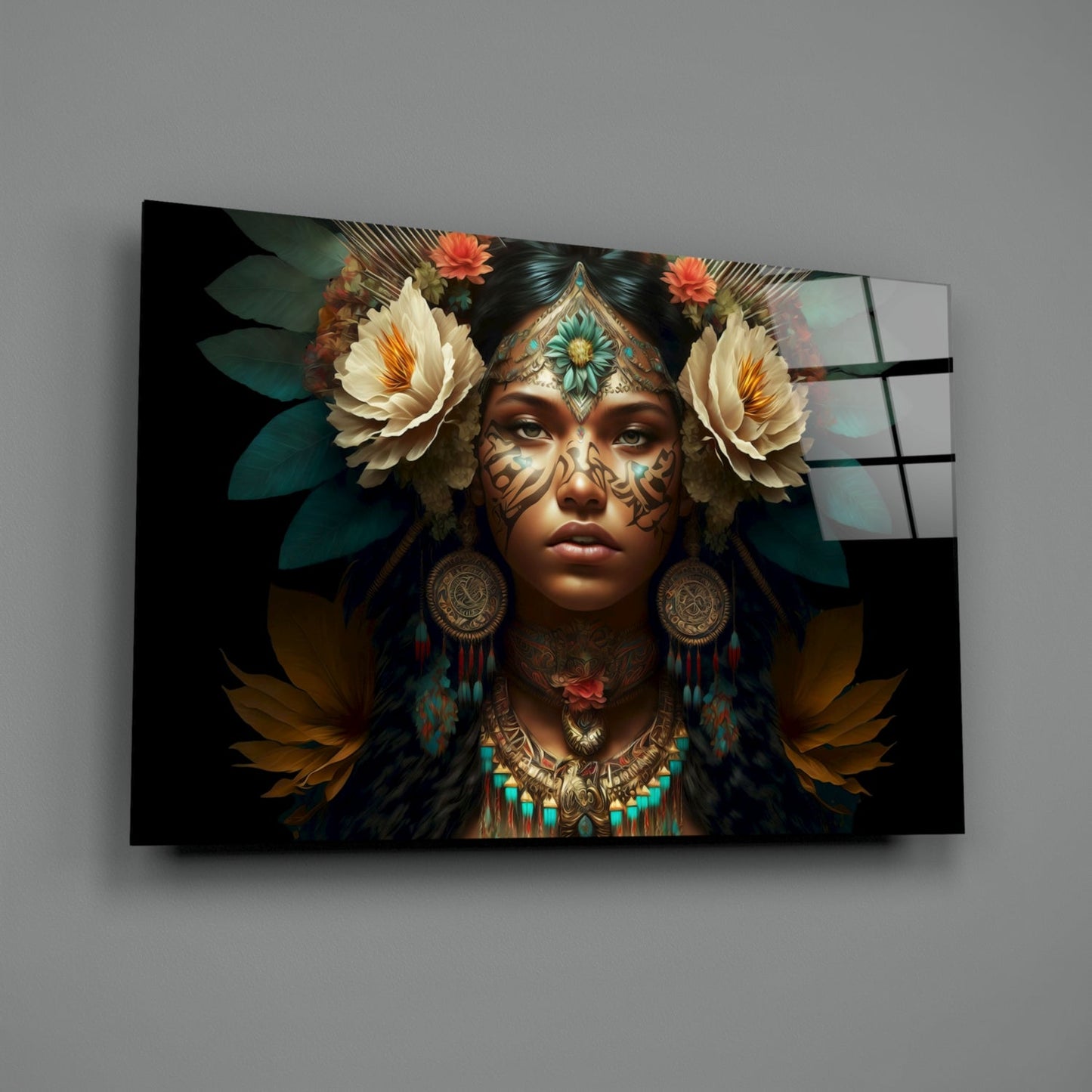 White Roses Gold Teal Headdress Woman Glass Wall Art