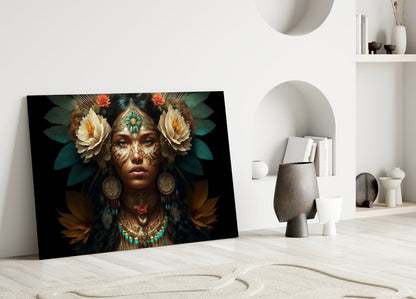 White Roses Gold Teal Headdress Woman Glass Wall Art