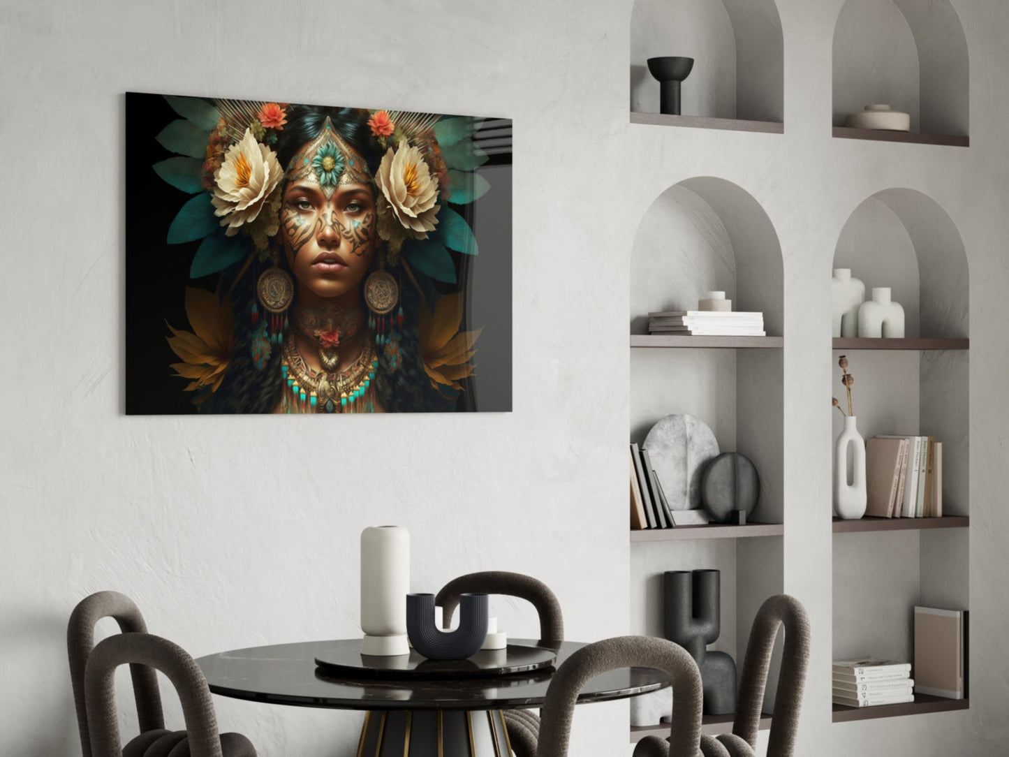 White Roses Gold Teal Headdress Woman Glass Wall Art