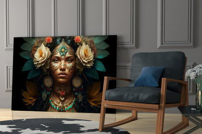 White Roses Gold Teal Headdress Woman Glass Wall Art