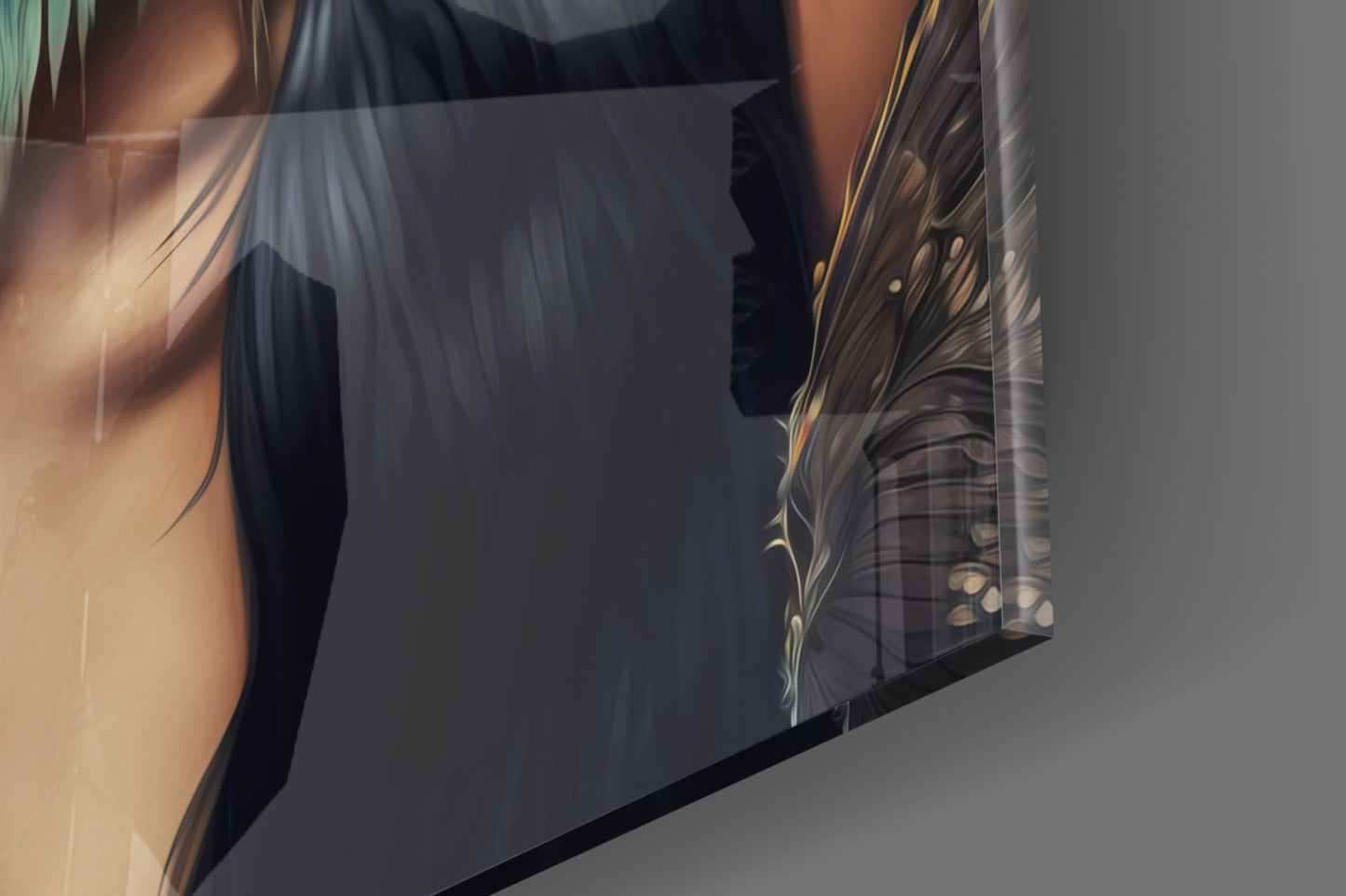 Close-up angled view of glass wall art showing detailed feather design with gold and black tones on translucent surface.