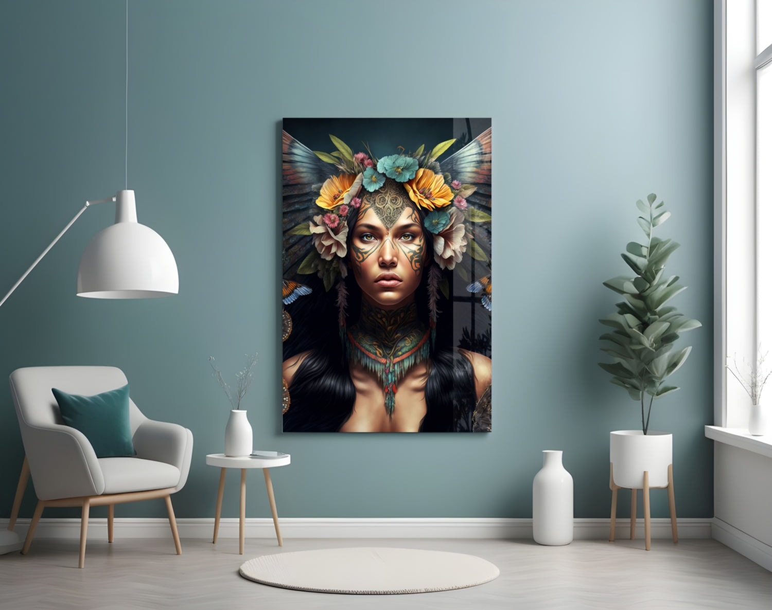 Glass wall art depicting a woman with facial tattoos, floral headdress, and butterfly wings in a styled interior setting.