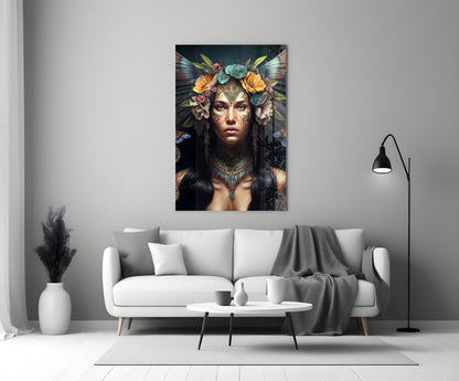 Glass wall art depicting a woman with ornate face paint, colorful flower headdress, and feathered wings displayed above a white sofa.