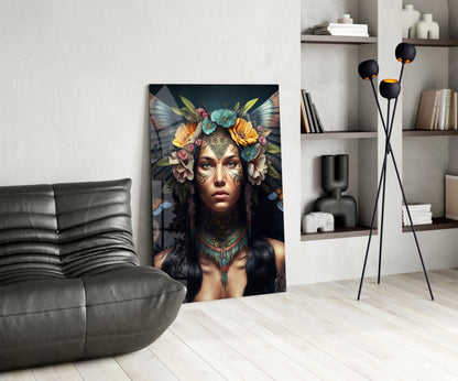 Modern living room with gray leather chair, glass wall art depicting woman with floral headdress and facial tattoos displayed centrally.