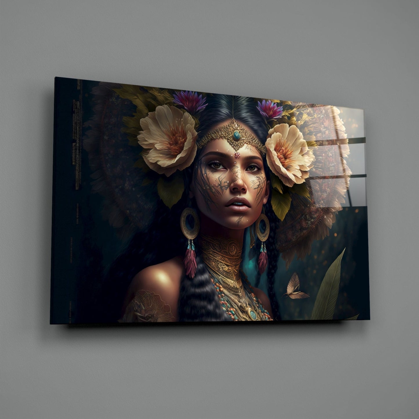 Glass wall art displaying portrait of woman with facial tattoos, large cream flowers in hair, gold jewelry, against dark background with layered architectural elements.