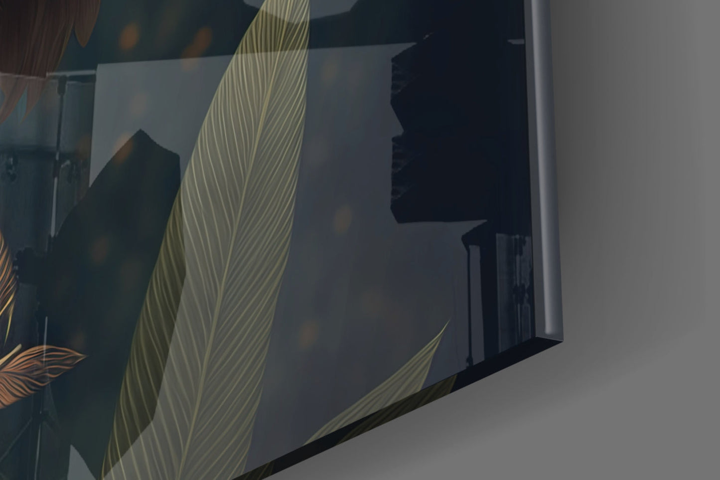 Close-up angled view of glass wall art displaying gold striped leaf design with dark interior space reflection visible through transparent glass.