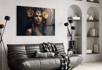 Glass wall art depicting ornate woman with flower headdress and gold jewelry displayed above gray sofa in modern interior.