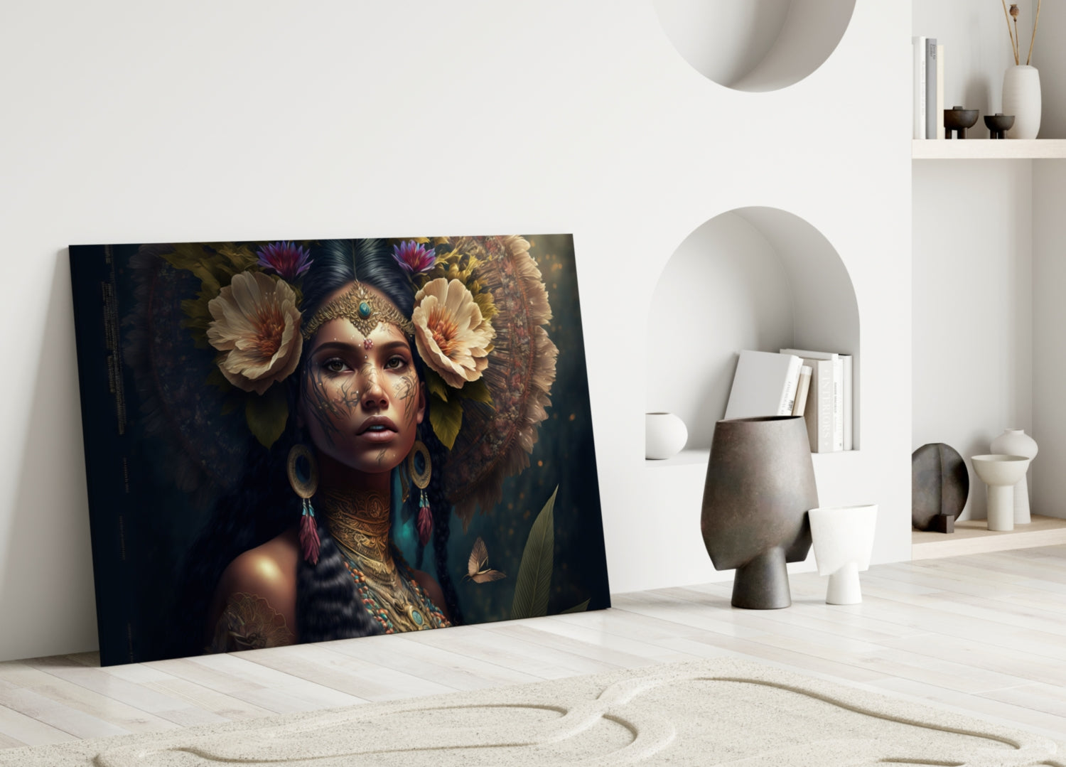 Glass wall art leaning against white wall displays ornate woman with gold jewelry, flowers, and dark teal background in minimalist room setting.