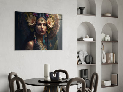 Glass wall art depicting a woman with ornate gold jewelry and floral headdress displayed above a dining table.