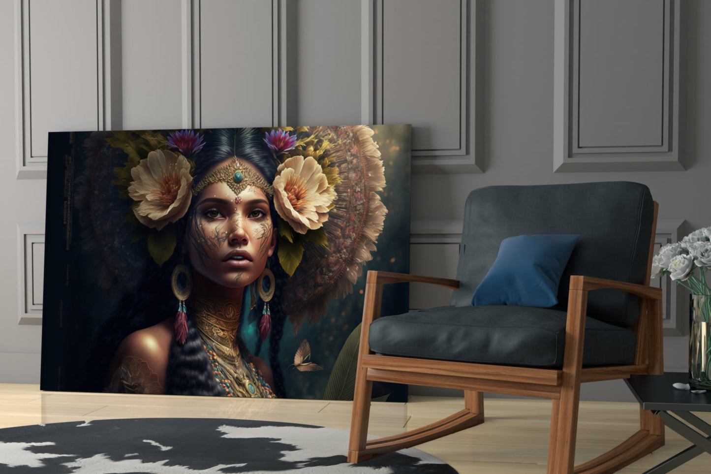 Glass wall art featuring an ornately decorated woman with flowers in her hair and jeweled face paint, displayed in a modern interior setting.