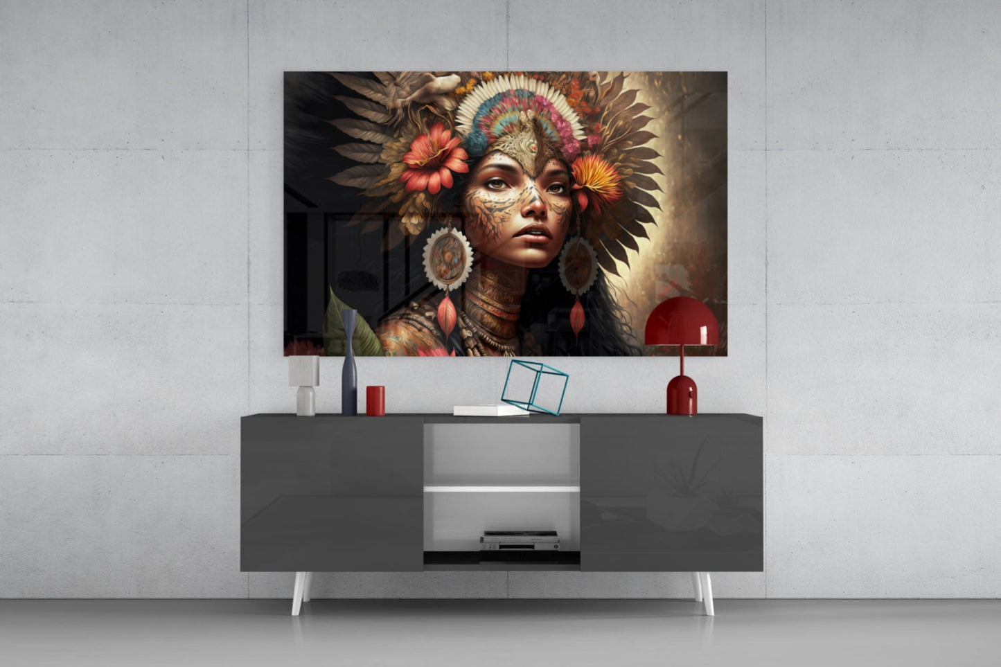 Red Bloom Feather Headdress Woman Glass Wall Art