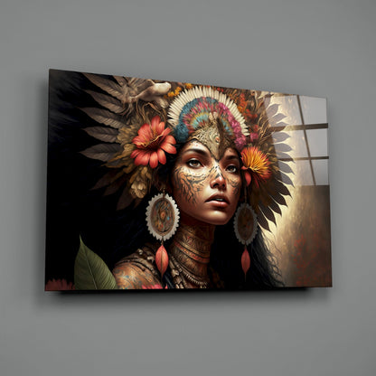 Red Bloom Feather Headdress Woman Glass Wall Art