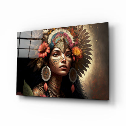Red Bloom Feather Headdress Woman Glass Wall Art