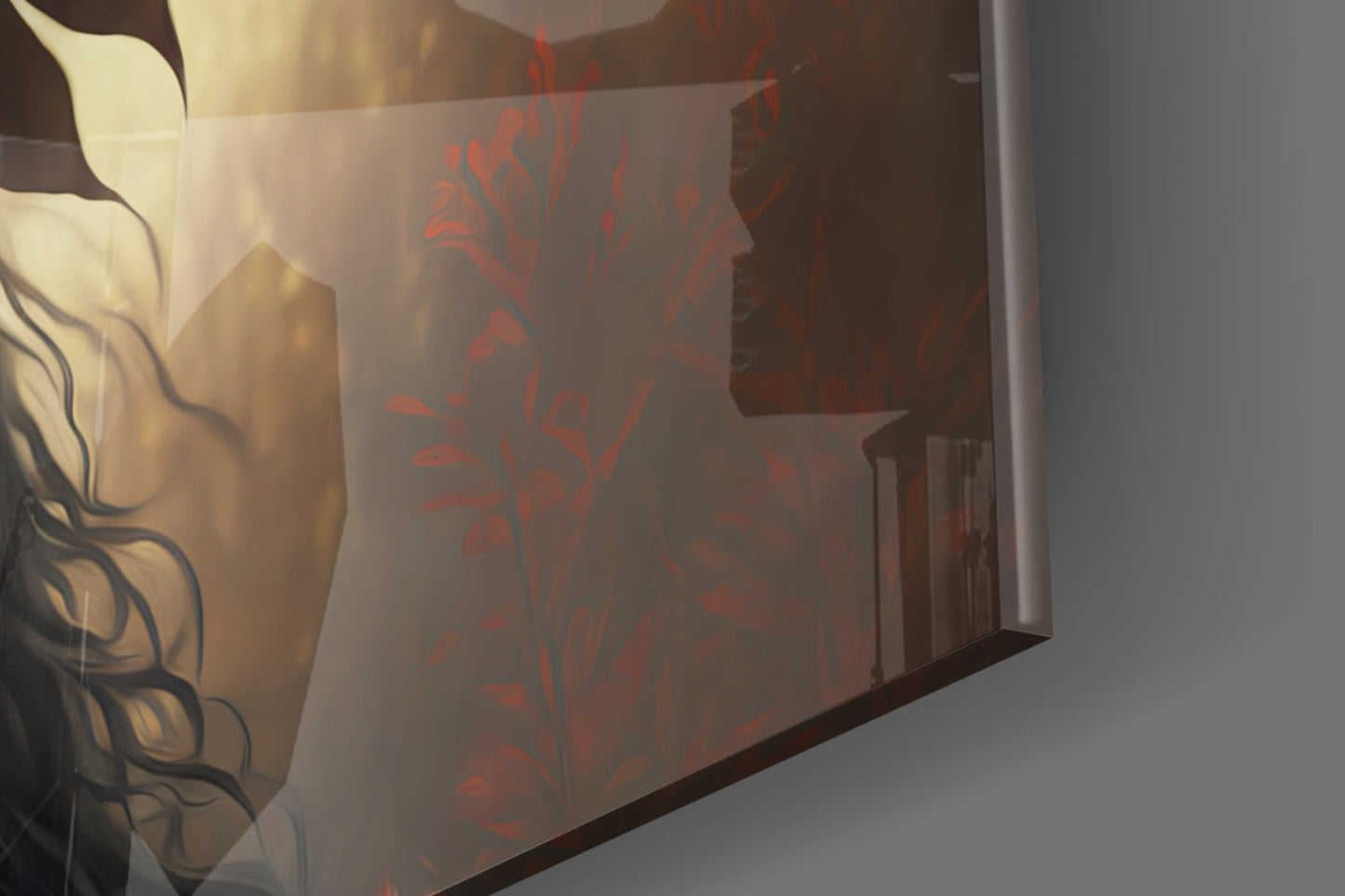 Red Bloom Feather Headdress Woman Glass Wall Art