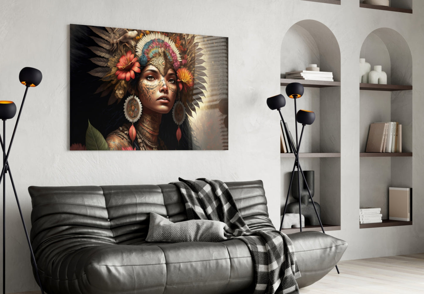 Red Bloom Feather Headdress Woman Glass Wall Art