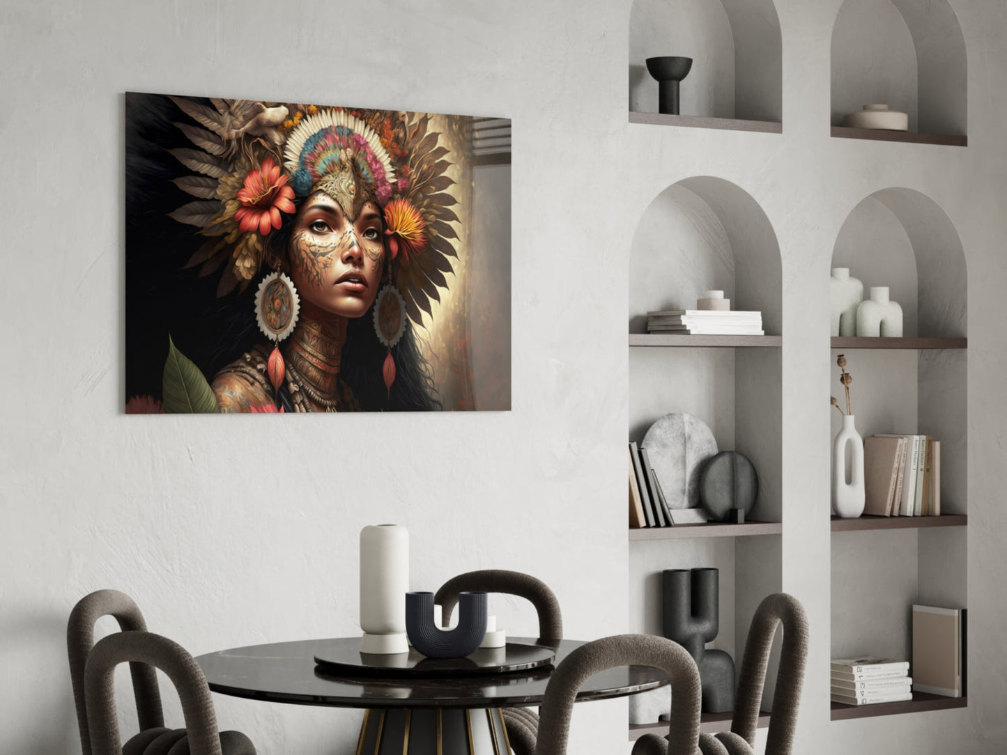 Red Bloom Feather Headdress Woman Glass Wall Art