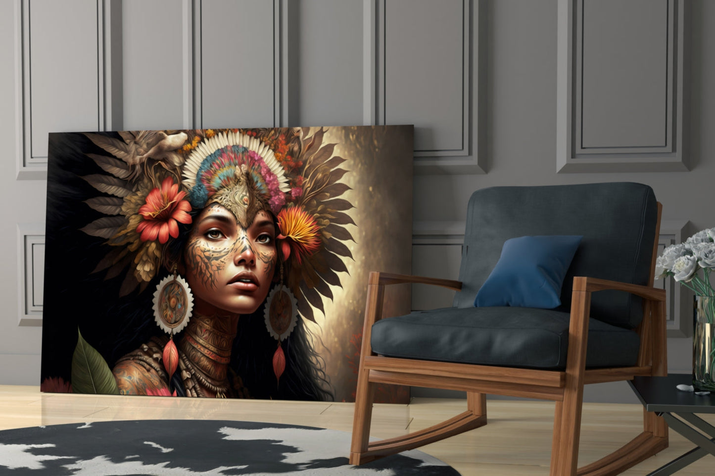 Red Bloom Feather Headdress Woman Glass Wall Art