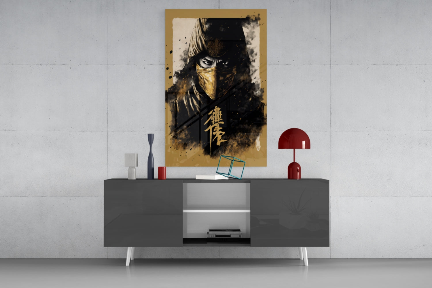 Gold-framed glass wall art depicting a masked fighter in black and gold tones, displayed above a modern gray console table with red accents.
