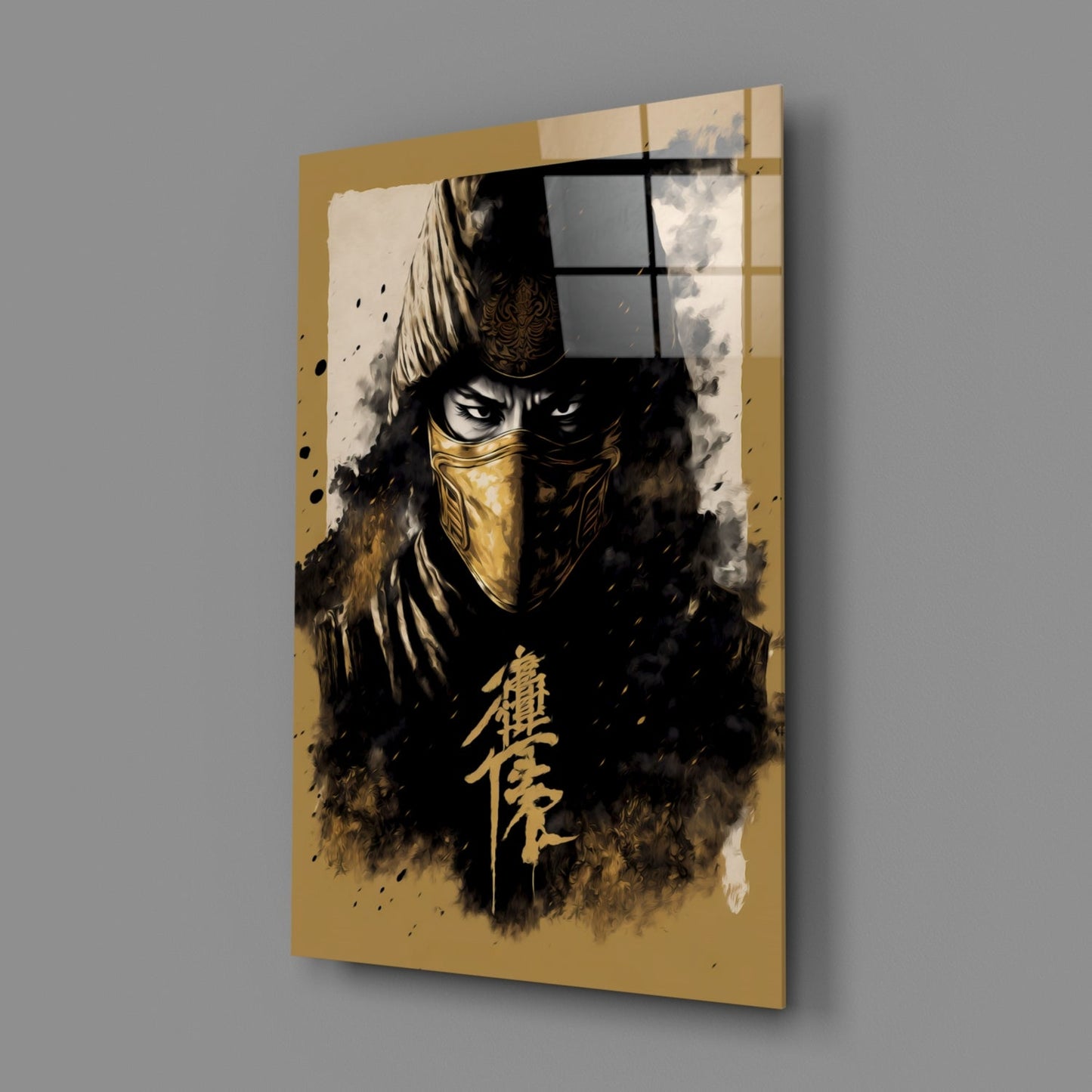 Angled view of gold-framed glass wall art featuring a masked ninja warrior in black with gold accents and Asian characters.