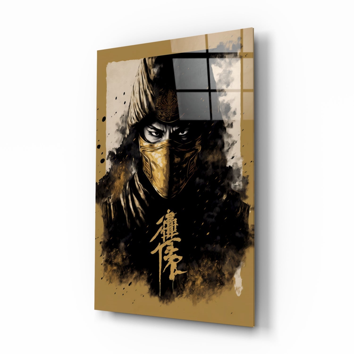 Angled three-quarter view of gold-framed glass wall art displaying a masked ninja warrior in black with gold accents and Asian characters.