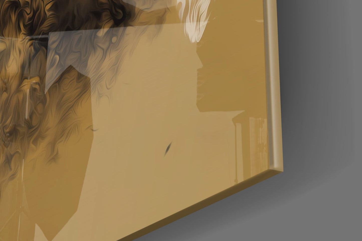 Close-up angled view of frosted glass wall art showing profile silhouette with warm golden and cream tones against gray background.