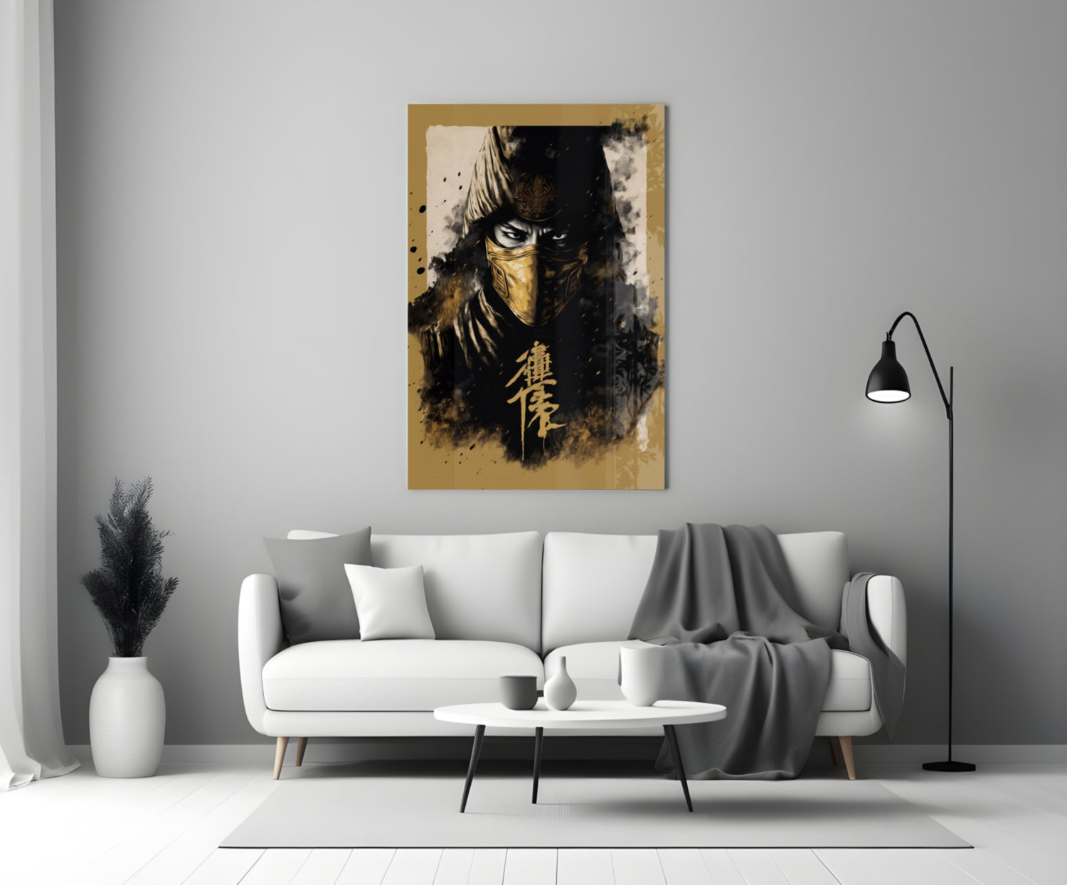 Gold-framed glass wall art depicting a masked warrior in black and gold tones, displayed above a white sofa in a modern living room.