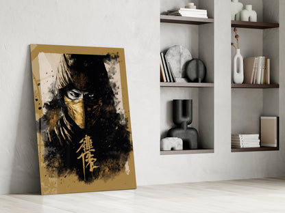 Gold and black glass wall art featuring a masked warrior with Asian characters, leaning against a white wall beside white shelving units.