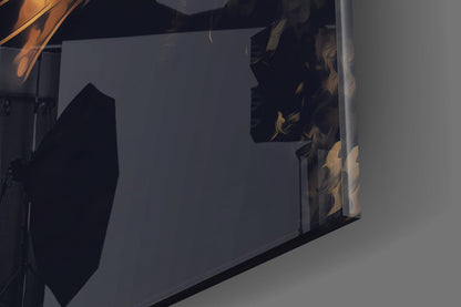 Close-up angle of glass wall art showing silhouetted masked figure with gold and black marbled pattern visible through frosted glass panel.