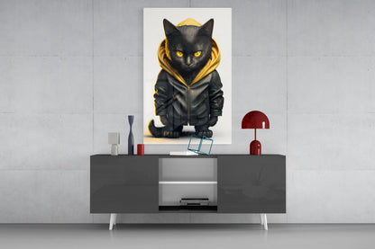 Black cat wearing gold-trimmed jacket displayed on wall above gray console table with red lamp and decorative objects.