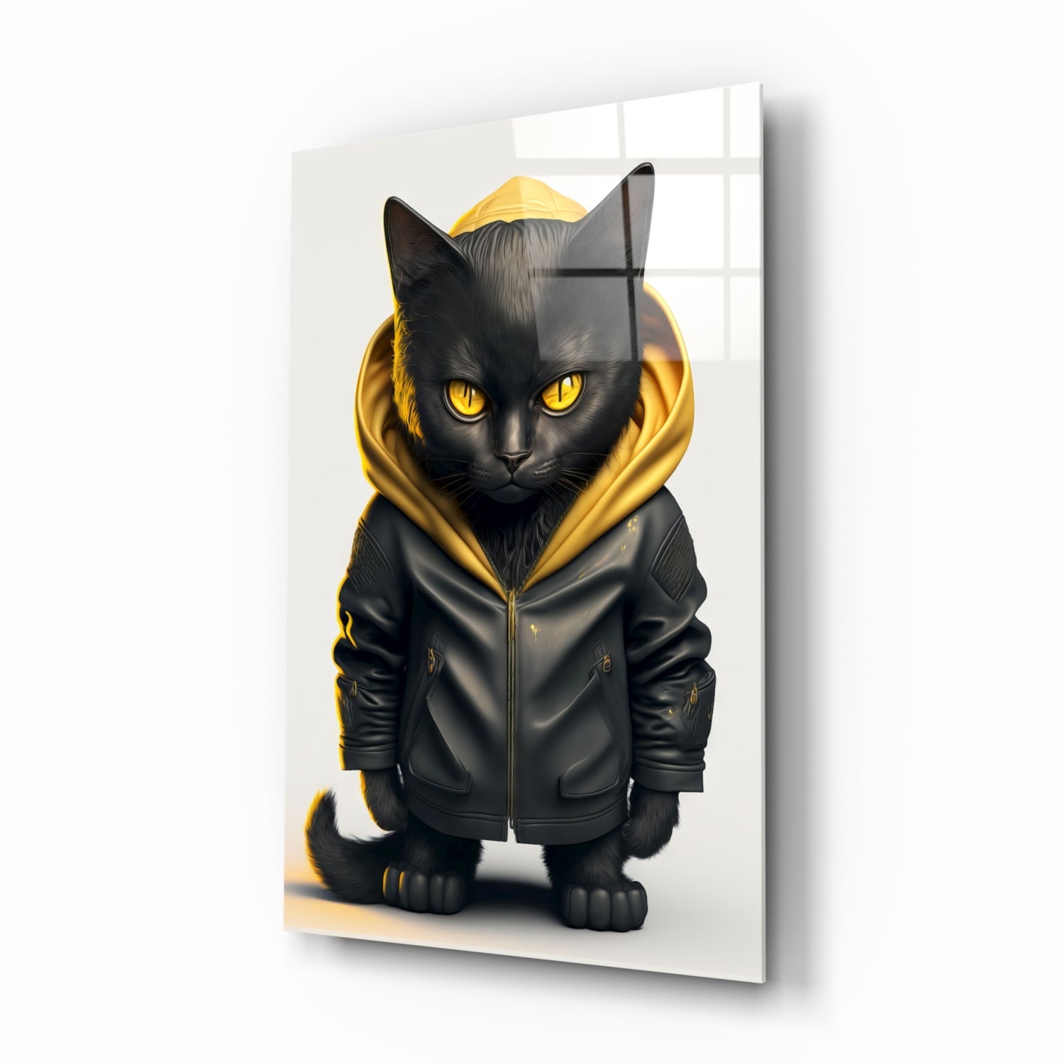 Black cat wearing gold-trimmed black hoodie with striking yellow eyes, displayed on glass wall art panel.