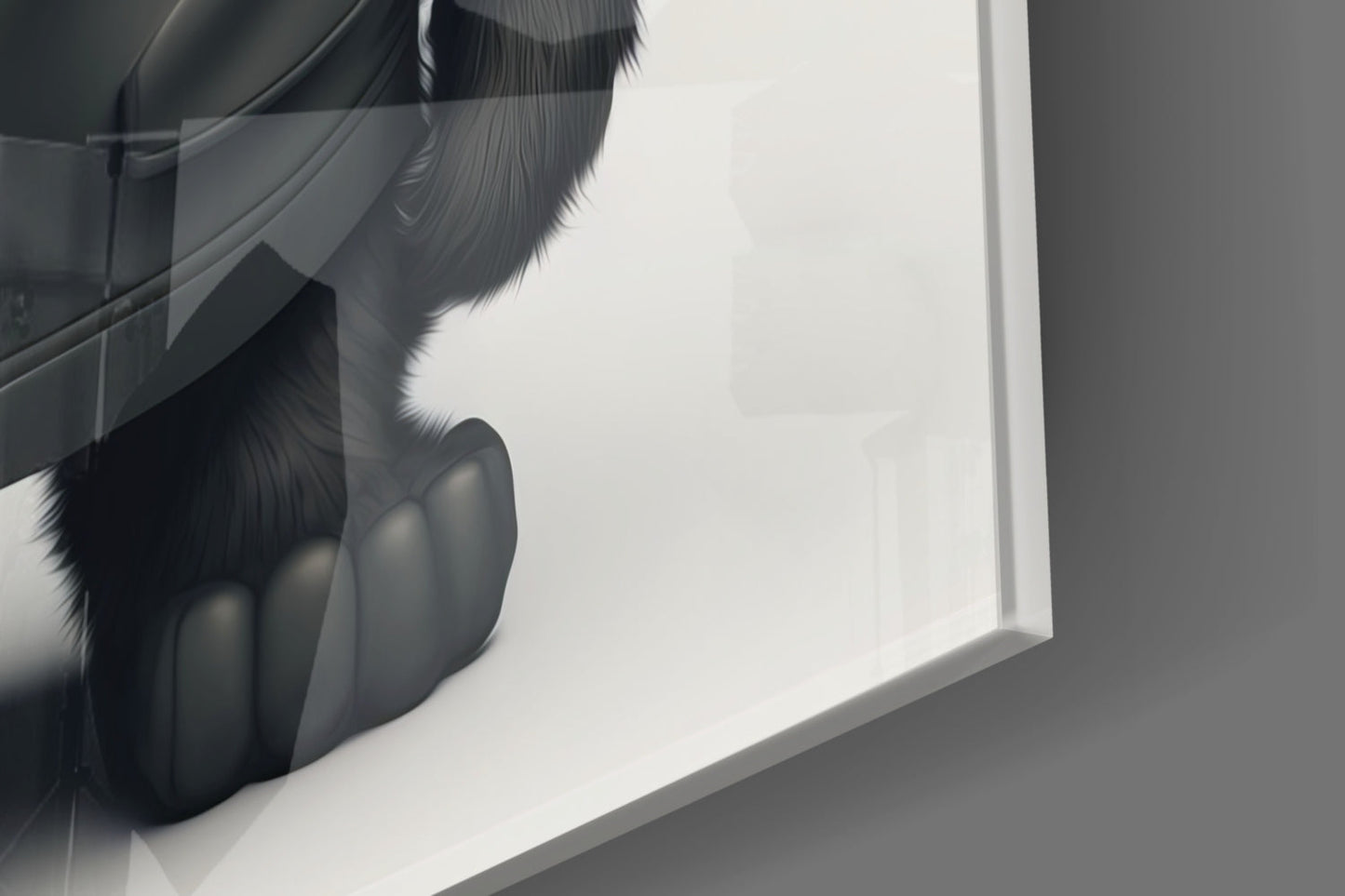 Close-up detail of black and white furry character peeking over edge of white glass panel against gray background.