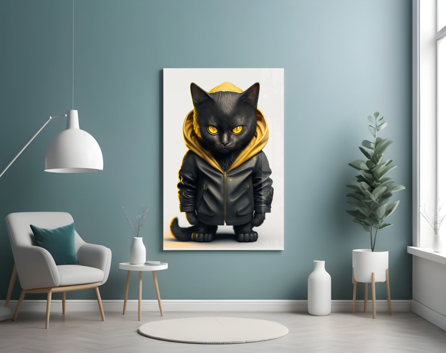 Black cat wearing gold-trimmed black hoodie with yellow eyes displayed on canvas in modern teal room setting.