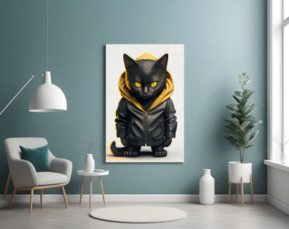 Black cat wearing gold-trimmed black hoodie with yellow eyes displayed on canvas in modern teal room setting.