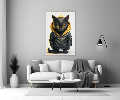 Black cat wearing gold-trimmed hoodie displayed on white wall above gray sofa in modern living room.